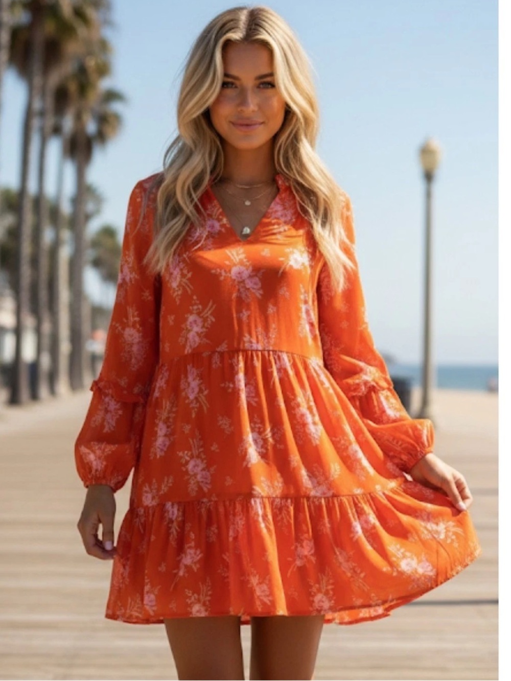 VINCE CAMUTO Orange w/Pink Floral Long Sleeve Tiered Dress Size Small